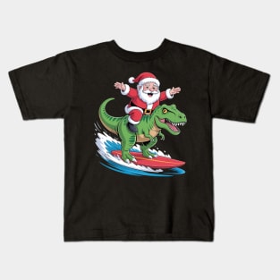 Santa Dinosaur Surfing T-Rex Dino Summer Christmas In July Kids T-Shirt
